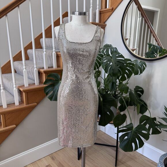 Vintage bebe Y2k Dress Metallic Silver S M Cocktail Bodycon Scoop Tank Club USA - Picture 4 of 9